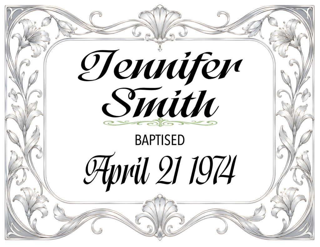 BAPTISM ON SILVER NOUVEAU IN BLACK TEXT
