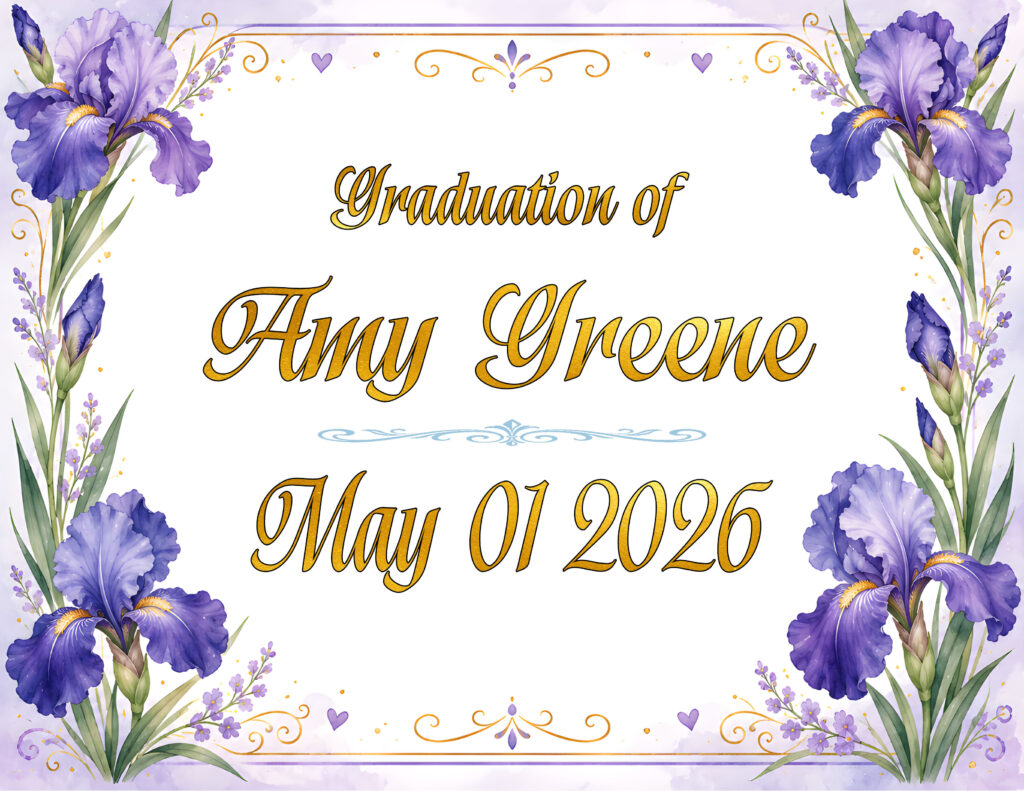 GRADUATION ON IRIS BORDER IN GOLD TEXT