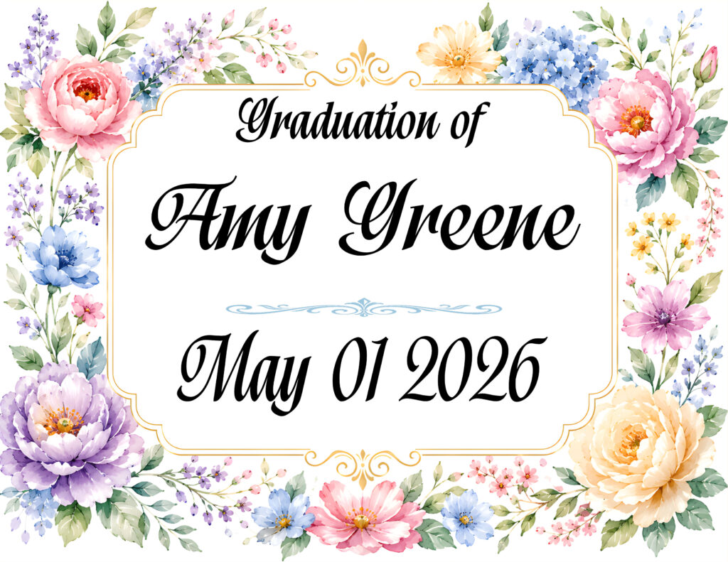 GRADUATION ON PEONY BORDER IN BLACK TEXT